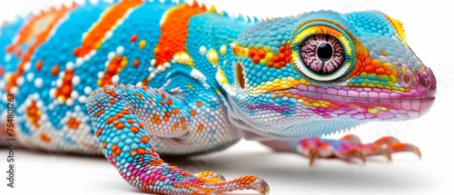  a close up of a colorful chamelon on a white background with a blurry image of the chamelon. © Jevjenijs