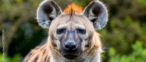  a close - up of a hyena's face with a blurry background of trees in the background.