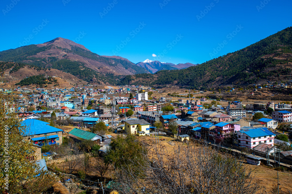 Quaint Urban Landscape of Jumla Against the Himalayan Mountain Range, Nepal