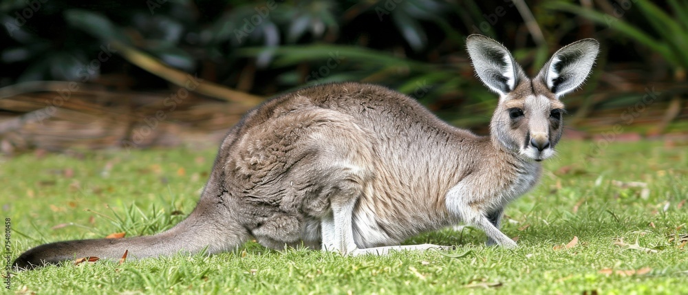 a close up of a kangaroo in a field of grass with trees in the back ground and bushes in the background. a close up of a kangaroo in a field of grass with trees in the back ground and bushes in the background.