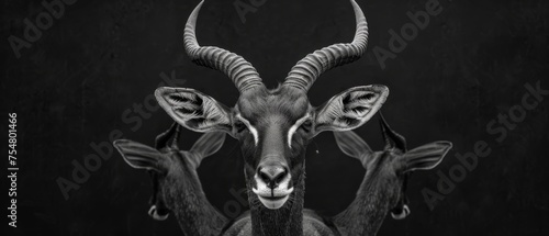  a couple of antelope standing next to each other in a black and white photo on a dark background.