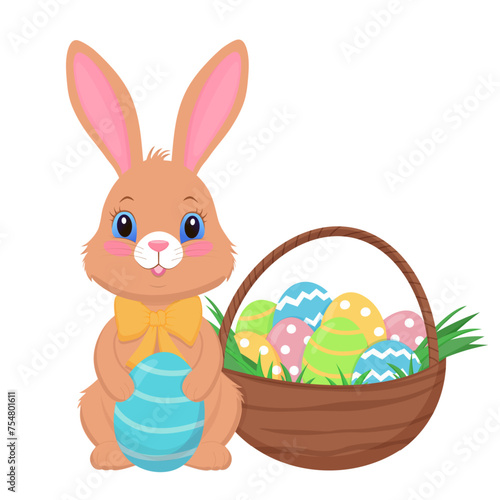 Happy Easter, Easter bunny and basket with eggs isolated on white background, congratulation, design element