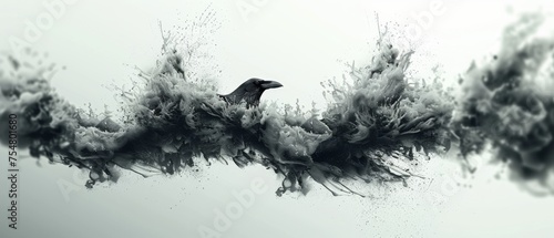  a black and white photo of a bird flying through the air with a lot of smoke coming out of it.