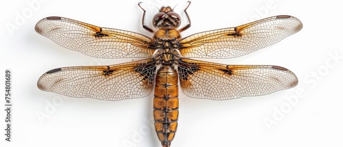  a close up of a dragonfly on a white background with clippings to the back of the wings.