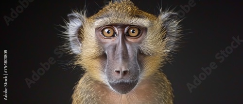  a close up of a monkey's face with its eyes wide open and looking at the camera with a black background.