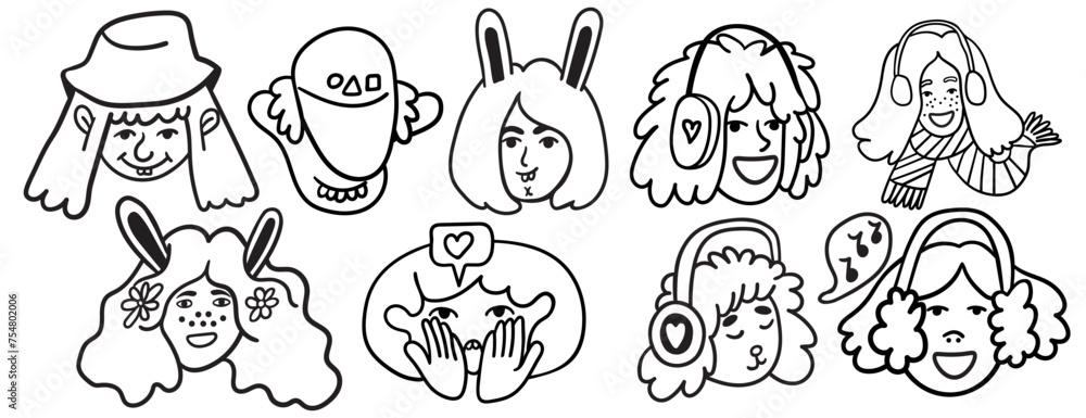 Obraz premium set of girls portrait in doodle style in vector. line art for avatar design sticker coloring postcard poster print