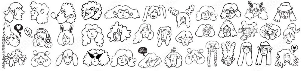 set of girls portrait in doodle style in vector. line art for avatar design sticker coloring postcard poster print set of girls portrait in doodle style in vector. line art for avatar design sticker coloring postcard poster print
