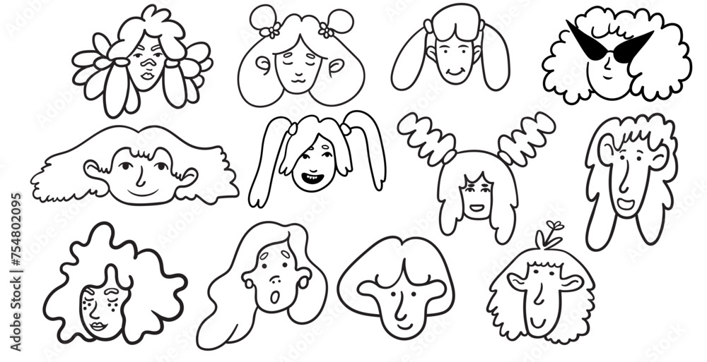 set of girls portrait in doodle style in vector. line art for avatar design sticker coloring postcard poster print