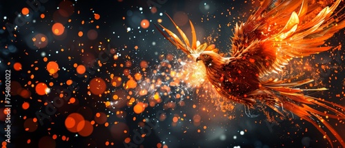  a bird flying through the air with a lot of orange lights in it s backgroung it s wings.