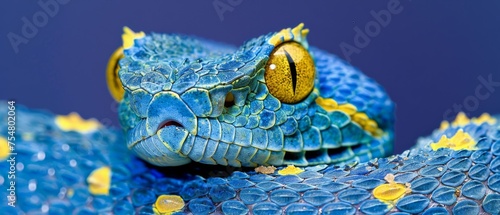  a close - up of a blue and yellow snake's head with yellow and blue flowers on it's body.