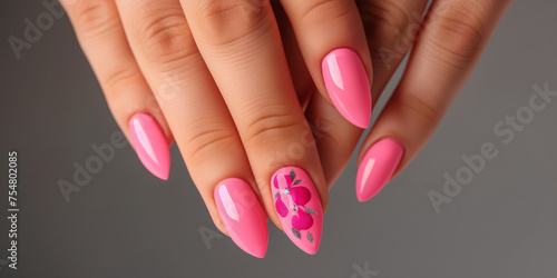 Pink manicure hands on background