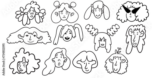 set of girls portrait in doodle style in vector. line art for avatar design sticker coloring postcard poster print