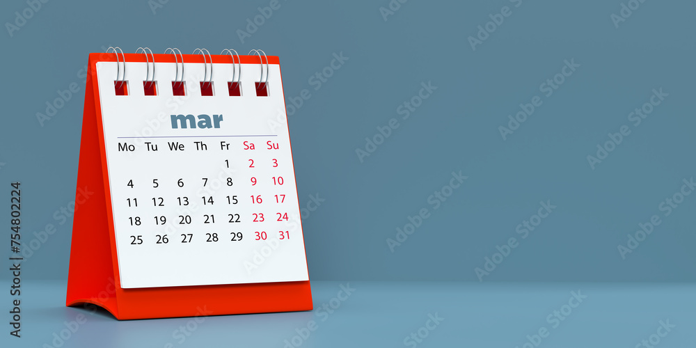 2024 March spiral monthly desk calendar. 3D rendered horizontal page on ...