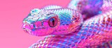  a close up of a snake's head on a pink and blue background with a pink circle in the center.