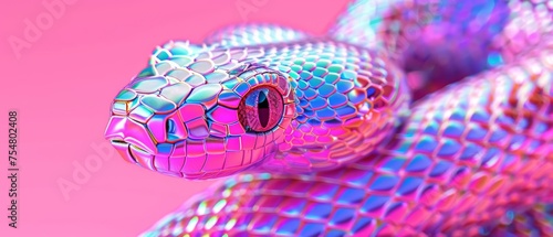  a close up of a snake's head on a pink and blue background with a pink circle in the center. photo