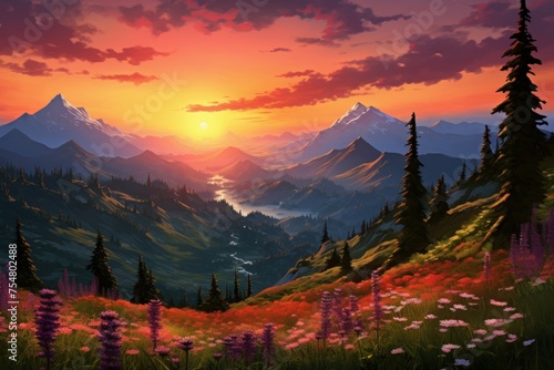 Serene Mountain sunset view. Travel nature. Generate Ai
