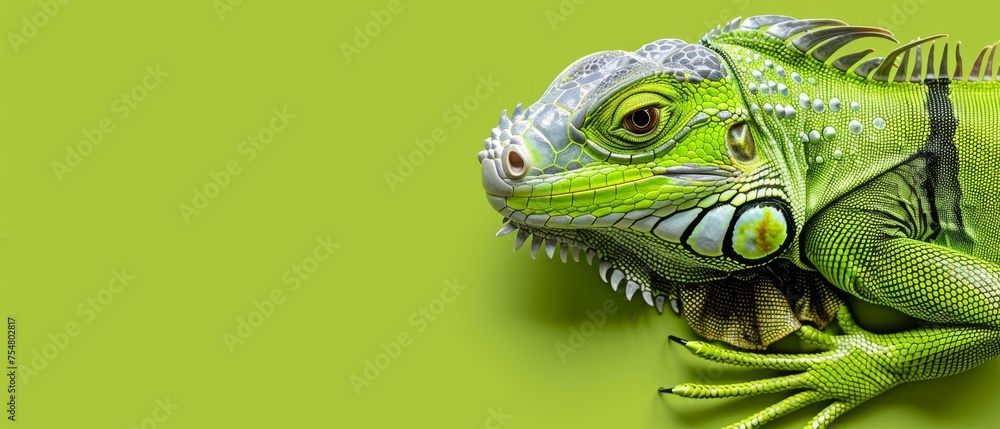  a close - up of a green iguana's face with its mouth open on a green background.