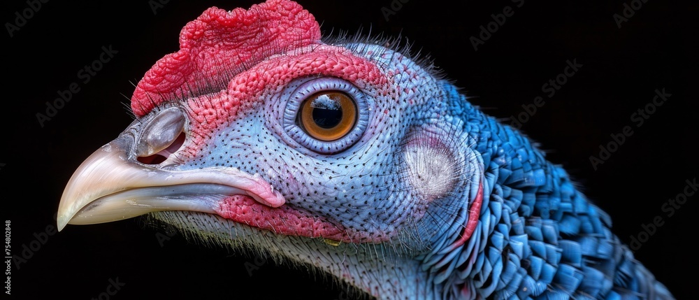 a close up of a blue and red bird with a red comb on it's head and a black background. a close up of a blue and red bird with a red comb on it's head and a black background.