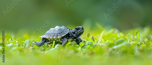  a small turtle sitting in the middle of a field of green grass with a blurry back ground behind it.