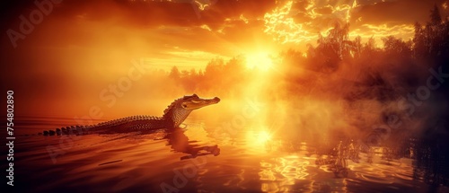  a computer generated image of a crocodile in a body of water with a sunset in the background and clouds in the sky.