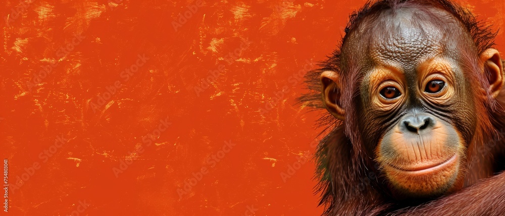 a close up of a monkey's face with an orange wall in the background and a red wall in the background. a close up of a monkey's face with an orange wall in the background and a red wall in the background.