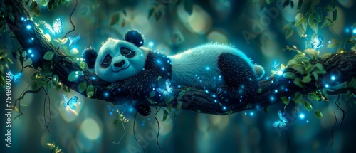  a panda bear laying on a tree branch in a forest filled with blue and green lights and a string of lights hanging from it's branches. © Jevjenijs