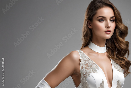 Elegant sensual lady in white bodysuit posing at grey background, looking away. Pensive stylish blonde young woman with long curly hair, thoughtful. Fashion style beauty concept. Copy ad text space
