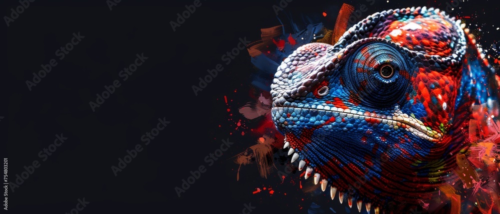  a close up of a colorful animal paint splattered on a black background.