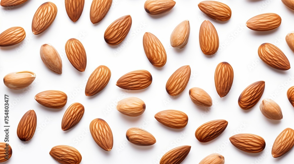 Numerous almond seeds are isolated on a white background, providing a top view angle and a clipping path for easy extraction. Numerous almond seeds are isolated on a white background, providing a top view angle and a clipping path for easy extraction.