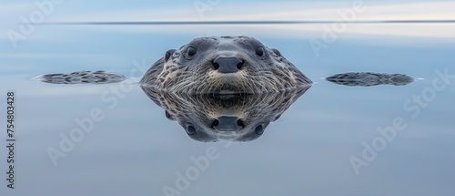  a close up of a body of water with a large animal in the middle of it's reflection in the water.