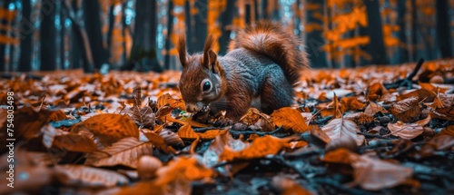  a squirrel standing on top of a pile of leaves in the middle of a forest filled with orange and green leaves.