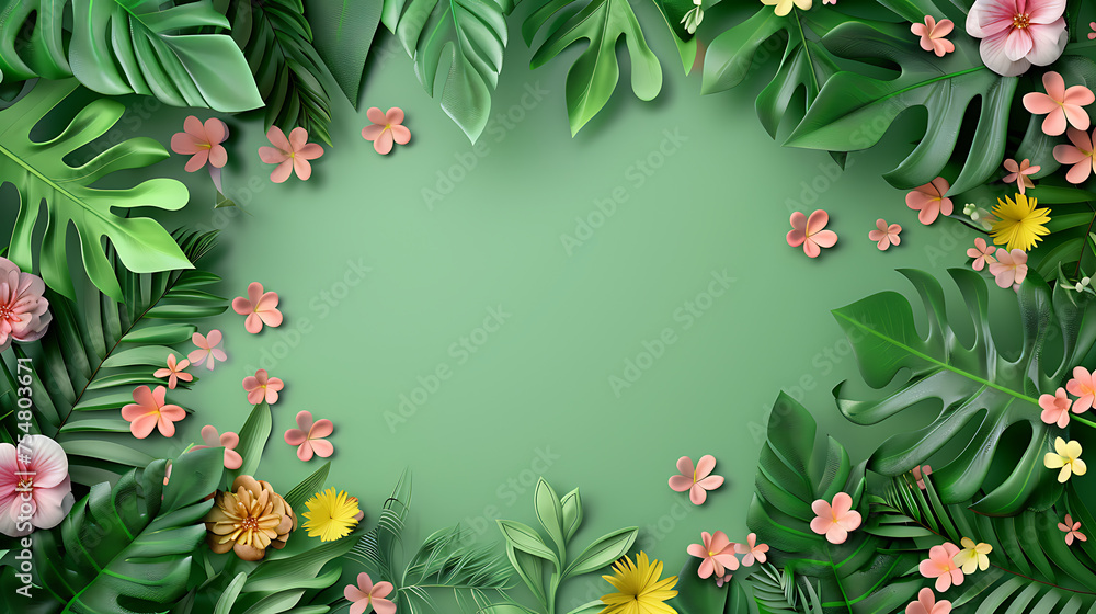 Tropical background with flowers and leaves. 3d illustration.