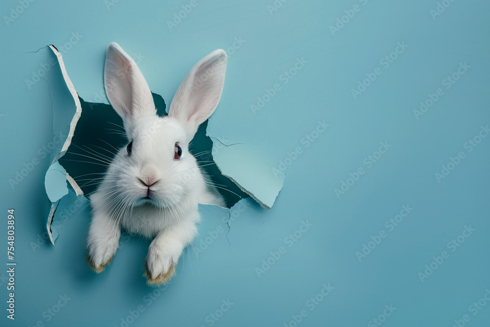 white rabbit on blue color hole white rabbit on blue color hole