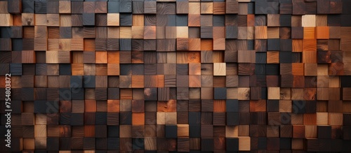 Close-up view of an urban wooden wall featuring a repetitive pattern of squares in varying sizes and shades. The squares are neatly arranged  creating a visually appealing and structured design.