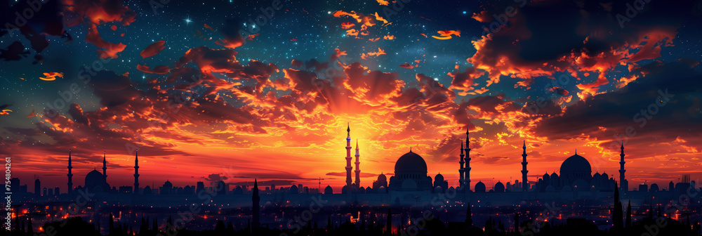 A Ramadan night sky, Eid Mubarak depicting Islamic Muslim Mosques and an Arabian theme during sunset. Wide header or banner with room for text.	