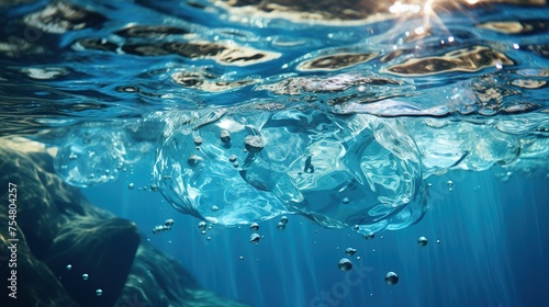 Underwater scene with air bubbles and sunlight.