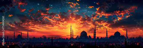 A Ramadan night sky, Eid Mubarak depicting Islamic Muslim Mosques and an Arabian theme during sunset. Wide header or banner with room for text. 