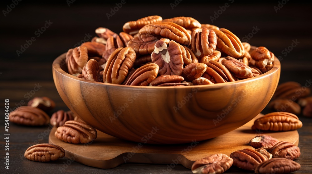 Pecan nuts are showcased in a wooden bowl. Pecan nuts are showcased in a wooden bowl.