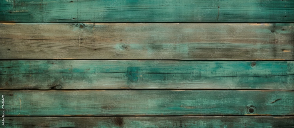 Fototapeta premium This close-up showcases an old, dilapidated wooden wall with horizontal green-stained planks. The faded green paint adds character and texture to the weathered wood.