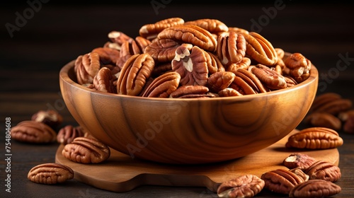Pecan nuts are showcased in a wooden bowl.