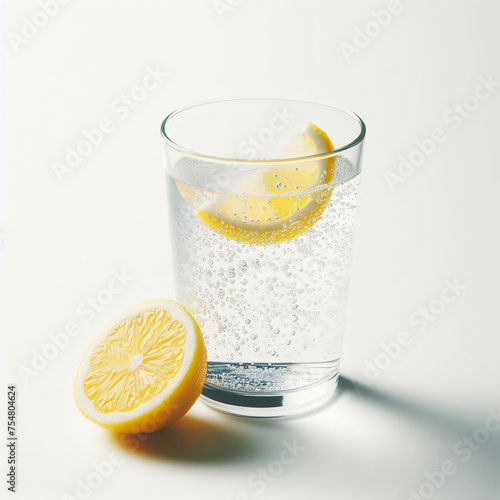 A glass of iced Lemon Sparkling Water isolated on a white background
