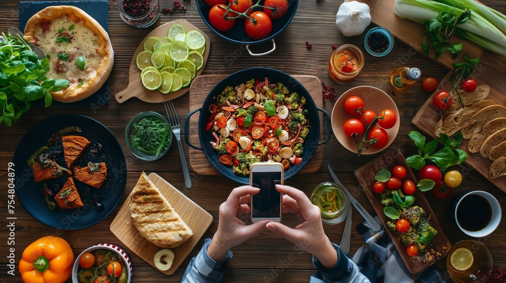 A woman holding a smartphone and taking a food photo. - obrazy, fototapety, plakaty 