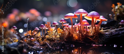 Fungi in the rainforest at night. Beautiful macro shot of small mushrooms.