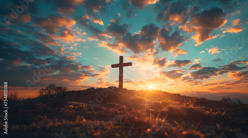 A wooden cross on a hill at sunset. The sky is a mix of blue, red, and purple clouds. photo