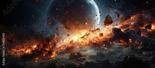 Explosive space scene with planets and stars.