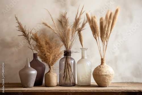Pampas grass in glass vases Reed Plume Stem, Dried Decorative Feather Flower Arrangement for Home