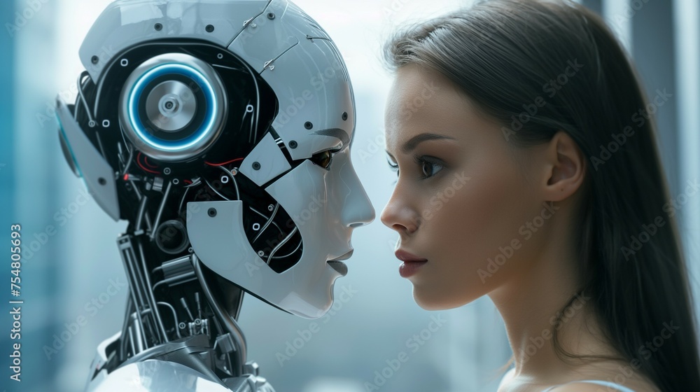 Human And Robot Facing Each Other. Human And Robot Facing Each Other.