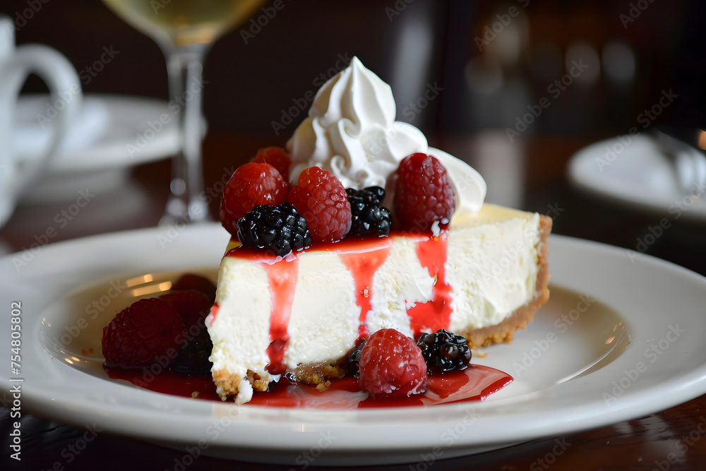 a creamy and indulgent cheesecake topped with fresh berries, whipped cream, and a drizzle of raspberry sauce a creamy and indulgent cheesecake topped with fresh berries, whipped cream, and a drizzle of raspberry sauce