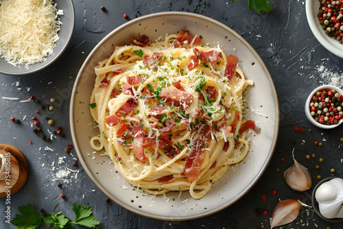 a classic spaghetti carbonara dish featuring al dente pasta tossed in a creamy sauce with crispy bacon bits, grated Parmesan cheese, and freshly ground black pepper