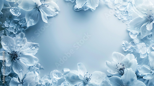 Spring flowers background. Cherry blossom and ice on blue background. reserve an empty seat  photo